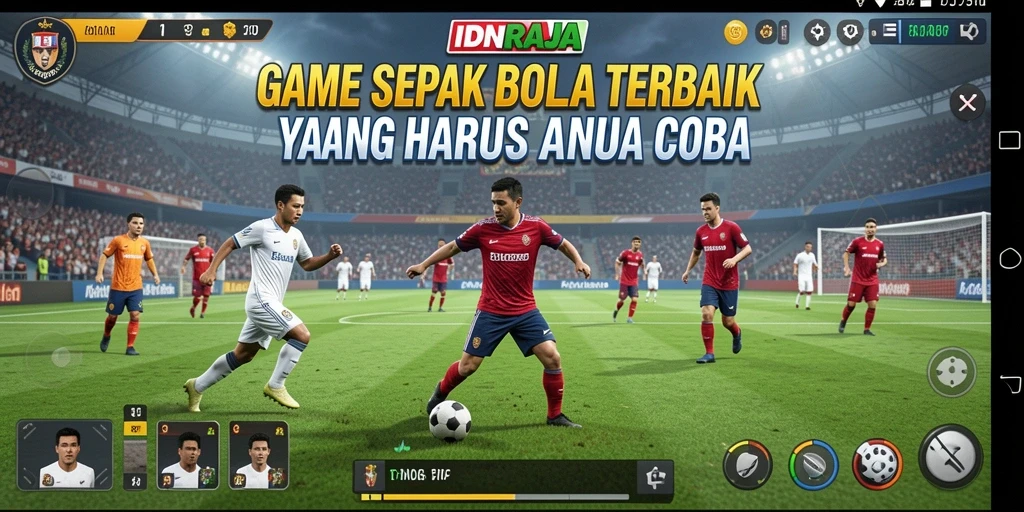 Screenshot gameplay IDNRAJA menampilkan aksi seru di lapangan sepak bola.