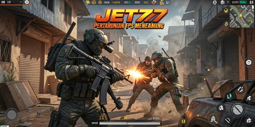 Screenshot gameplay JET77 menampilkan aksi tembak-menembak yang seru.