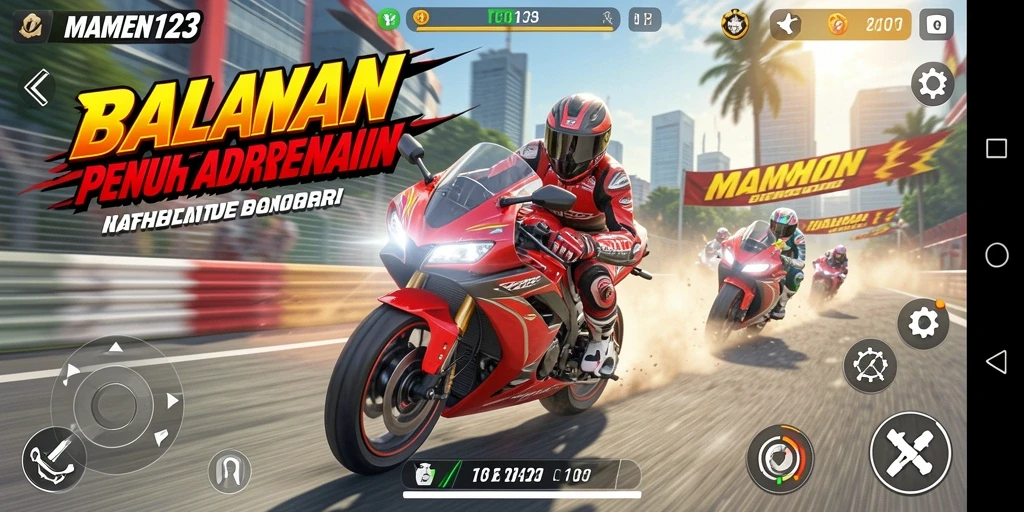 Tampilan gameplay menegangkan di MAMEN123 dengan balapan motor.