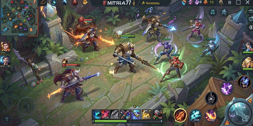 Screenshot gameplay MITRA77 menampilkan pertarungan epik antar hero MOBA.